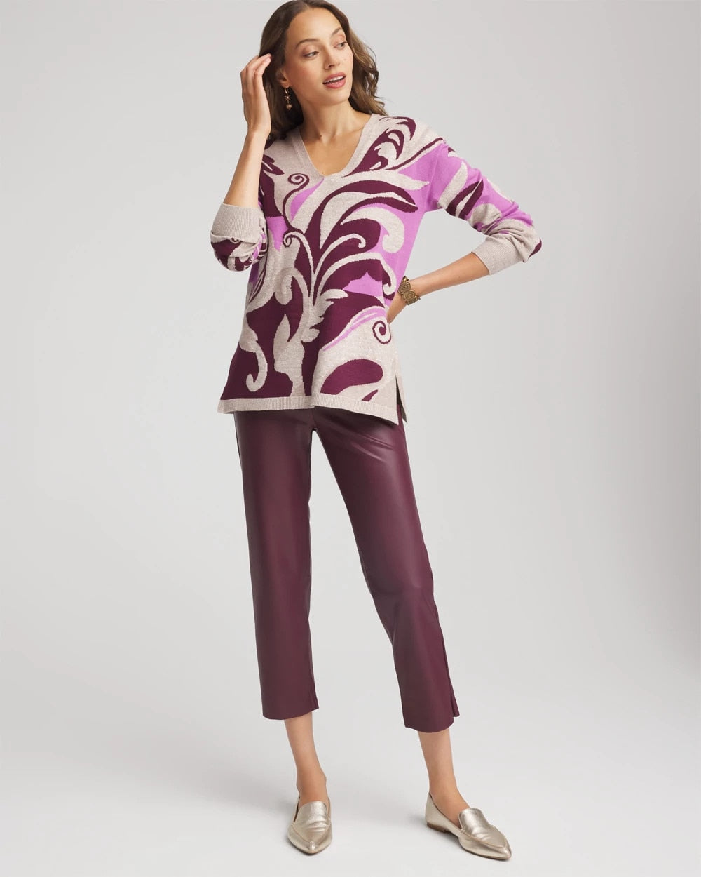 Chico's Intarsia Knit V-Neck Pullover Sweater Gooseberry