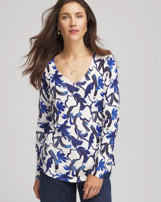 Chico's Ella V-Neck Blue-Petals Pullover Sweater Ecru