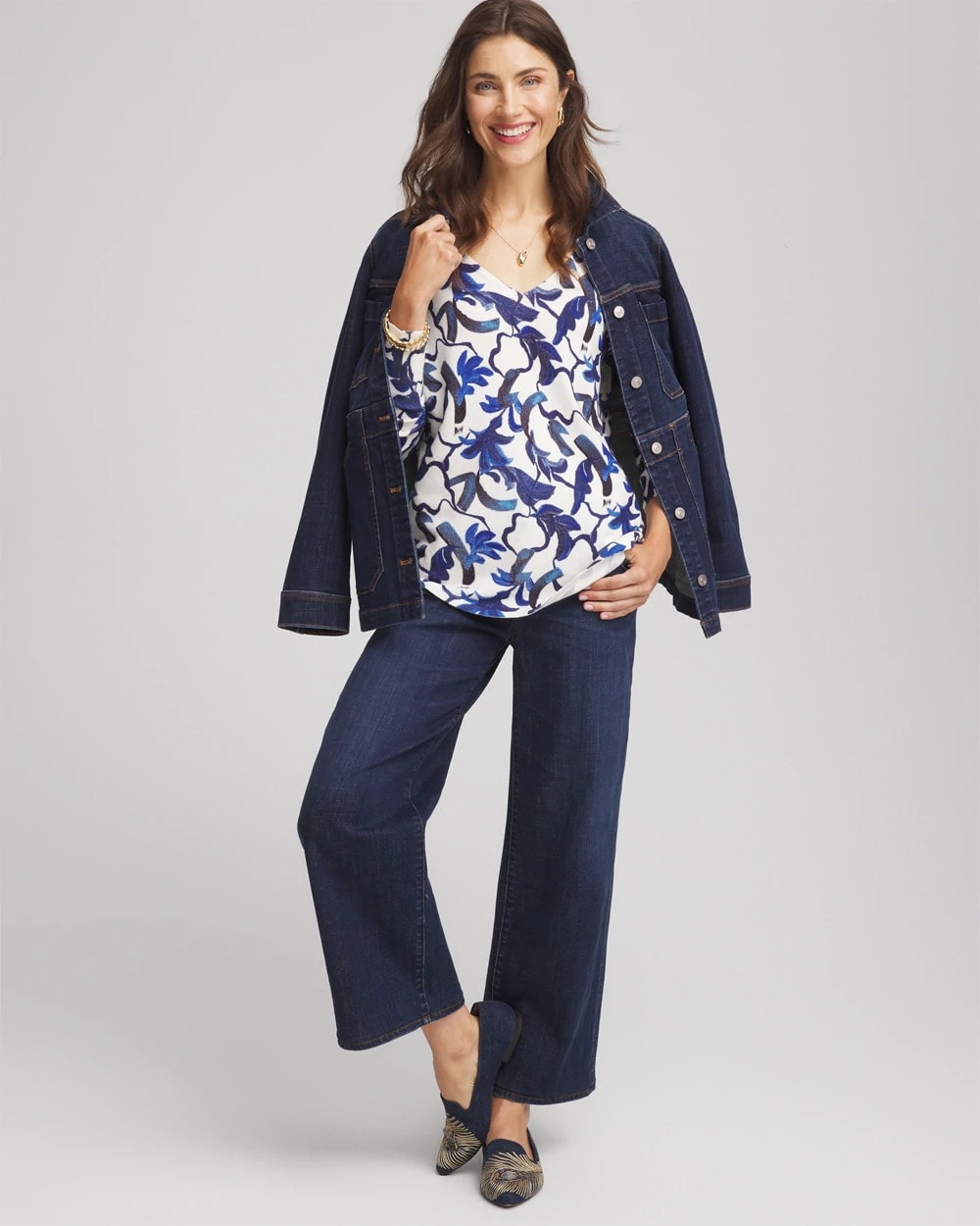 Chico's Ella V-Neck Blue-Petals Pullover Sweater Ecru