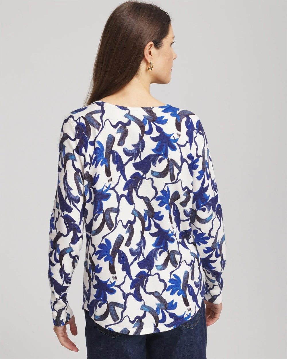 Chico's Ella V-Neck Blue-Petals Pullover Sweater Ecru