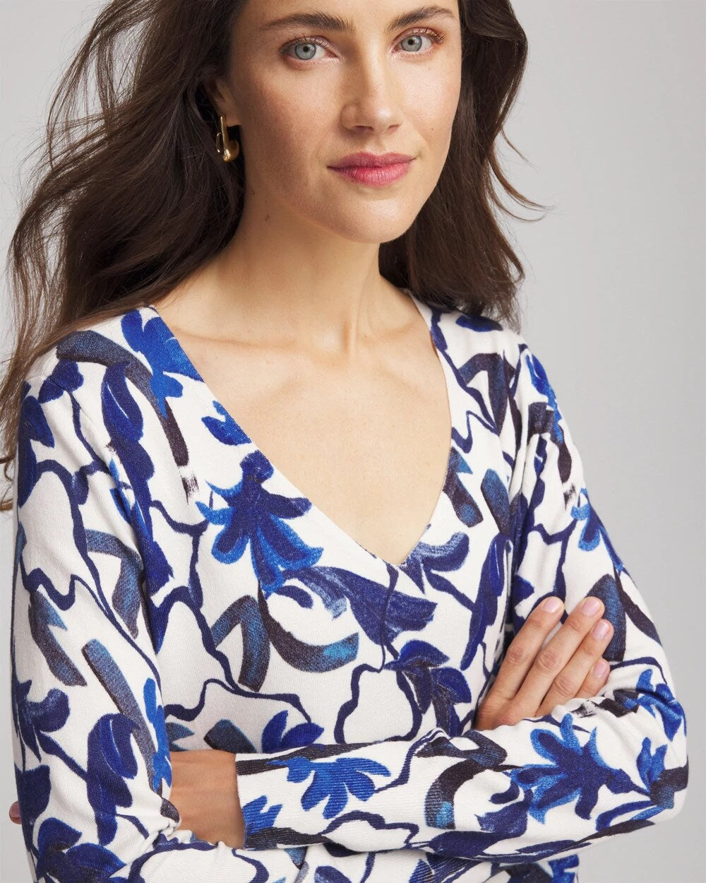 Chico's Ella V-Neck Blue-Petals Pullover Sweater Ecru