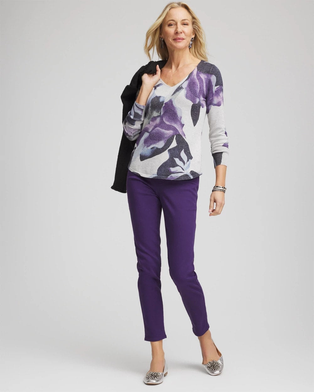 Chico's Ella V-Neck Pullover Sweater Purple Elixir