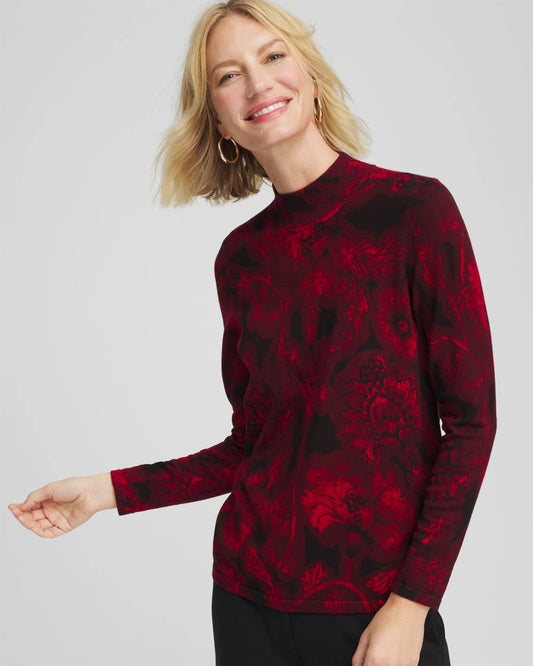 Chico's Ella Printed Mockneck Sweater Carmine Red
