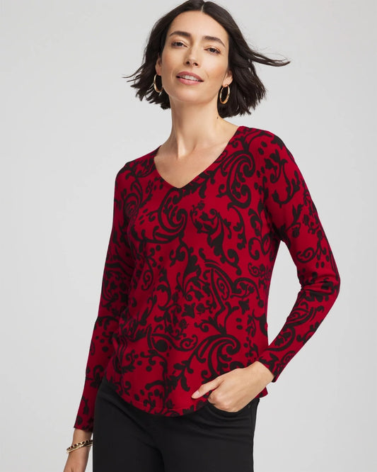 Chico's Ella Printed V-Neck Sweater Carmine Red