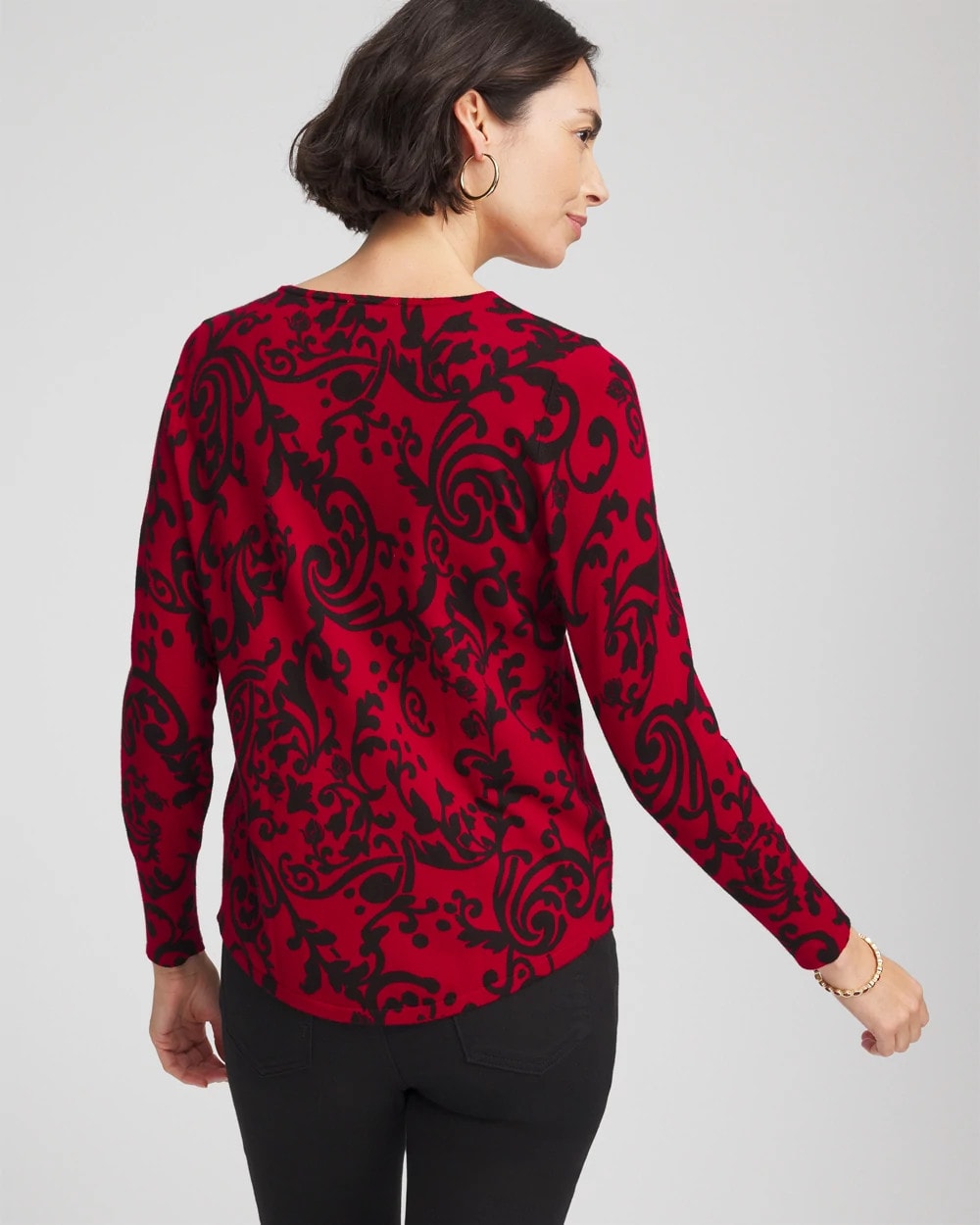 Chico's Ella Printed V-Neck Sweater Carmine Red