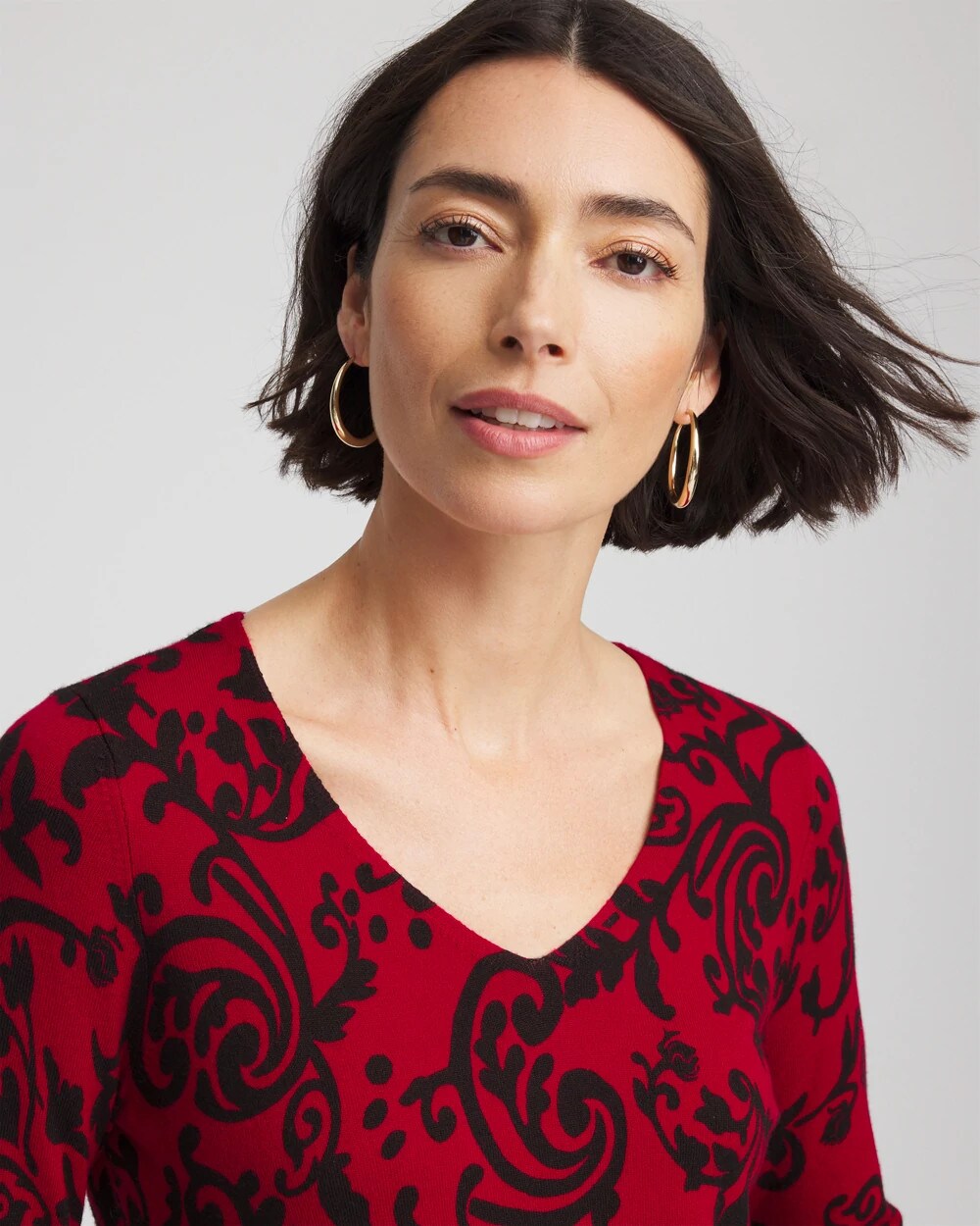 Chico's Ella Printed V-Neck Sweater Carmine Red