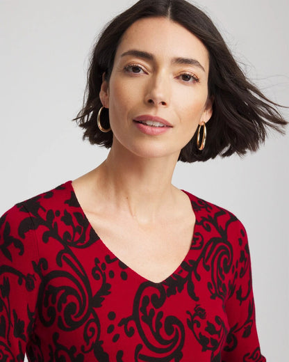 Chico's Ella Printed V-Neck Sweater Carmine Red
