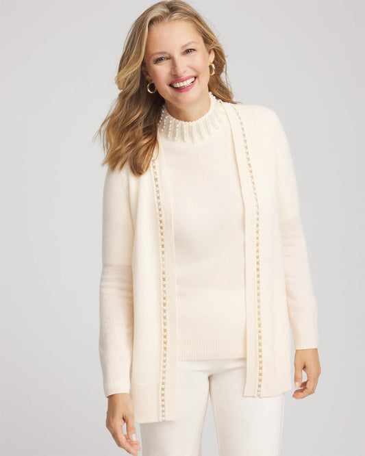 Chico's Cashmere Pearl-Trim Cardigan Cream