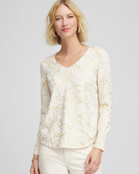 Chico's Ella Foiled V-Neck Sweater English Cream