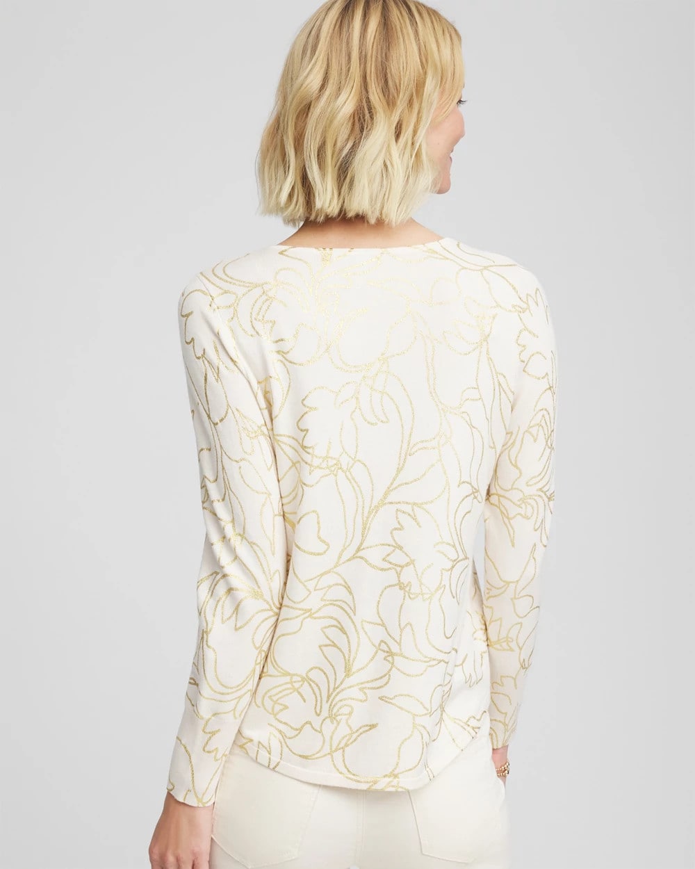 Chico's Ella Foiled V-Neck Sweater English Cream