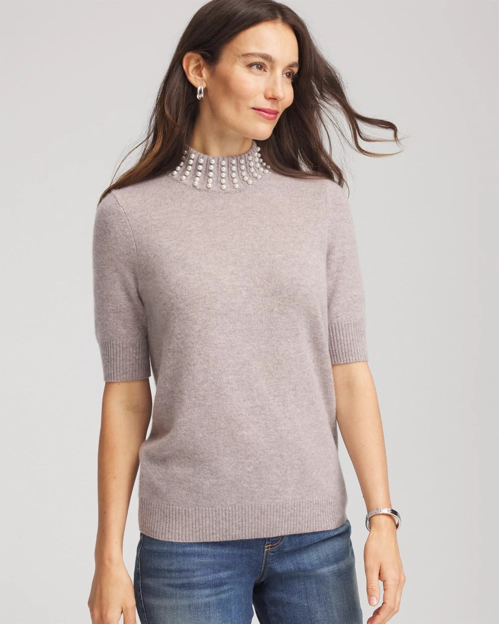 Chico's Cashmere Pearl Mockneck Sweater Taupe Heather