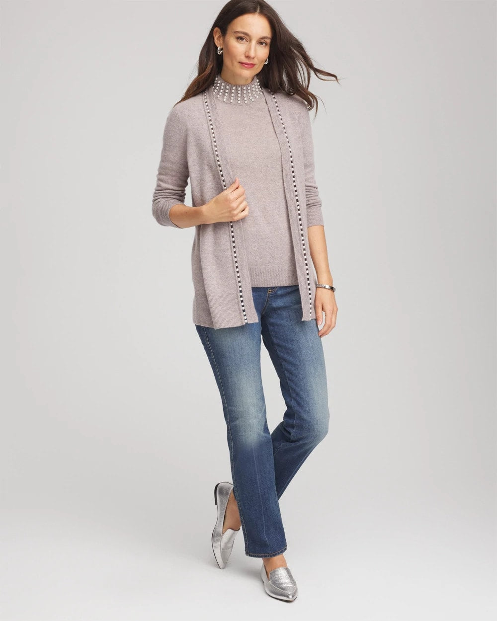 Chico's Cashmere Pearl Mockneck Sweater Taupe Heather