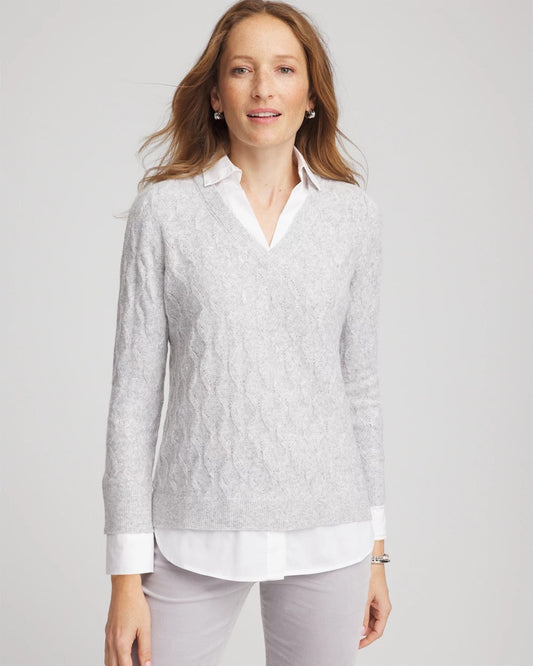 Chico's Classic Built-In Shirt Knit Sweater Classic Gray