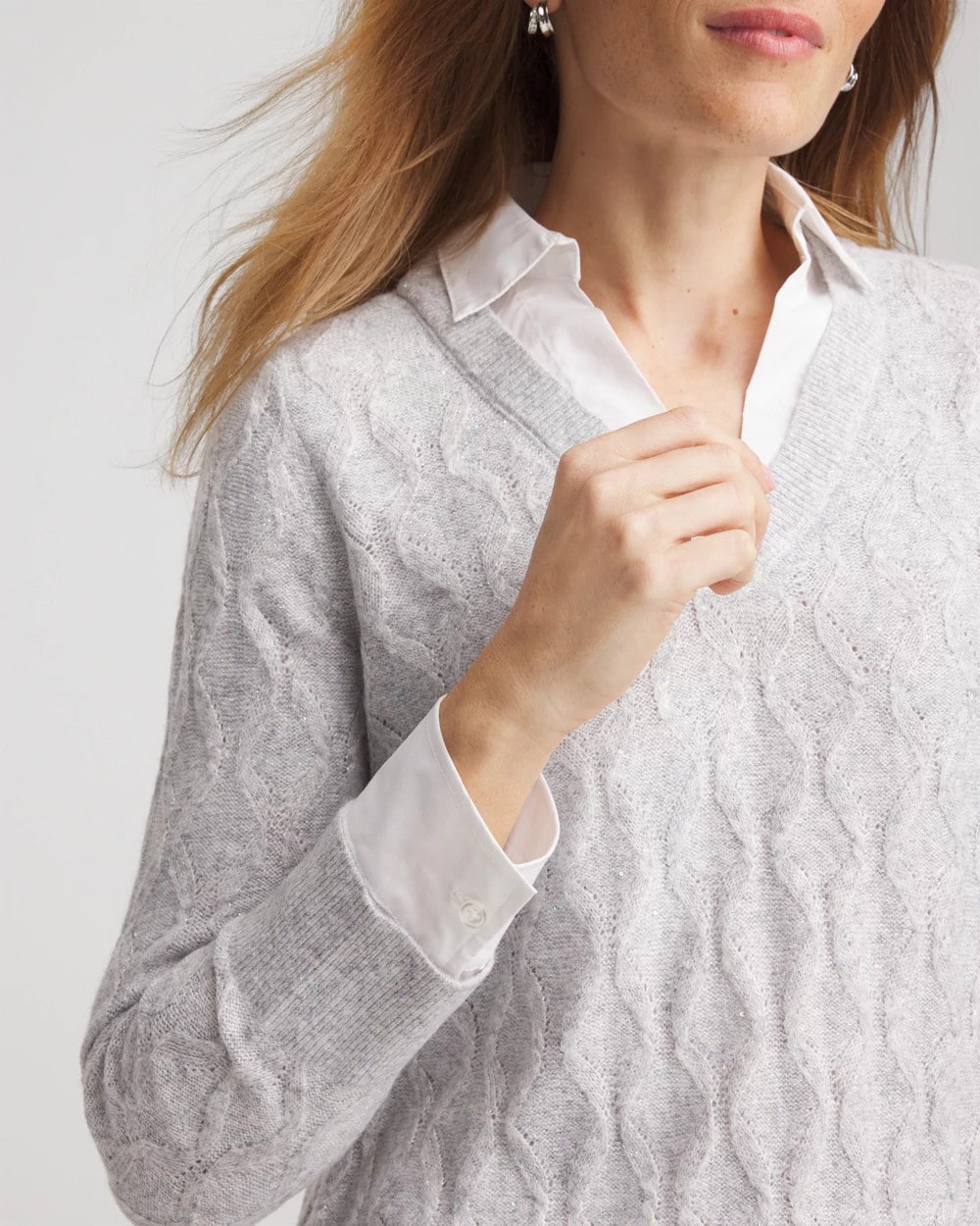 Chico's Classic Built-In Shirt Knit Sweater Classic Gray