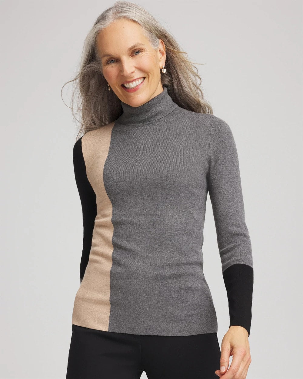 Chico's Ella Colorblock Intarsia Turtleneck Sweater Black