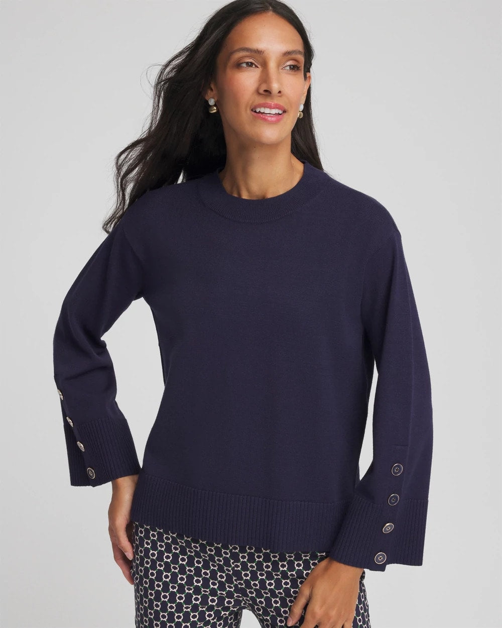 Chico's Button Sleeve Crewneck Pullover Passport Blue