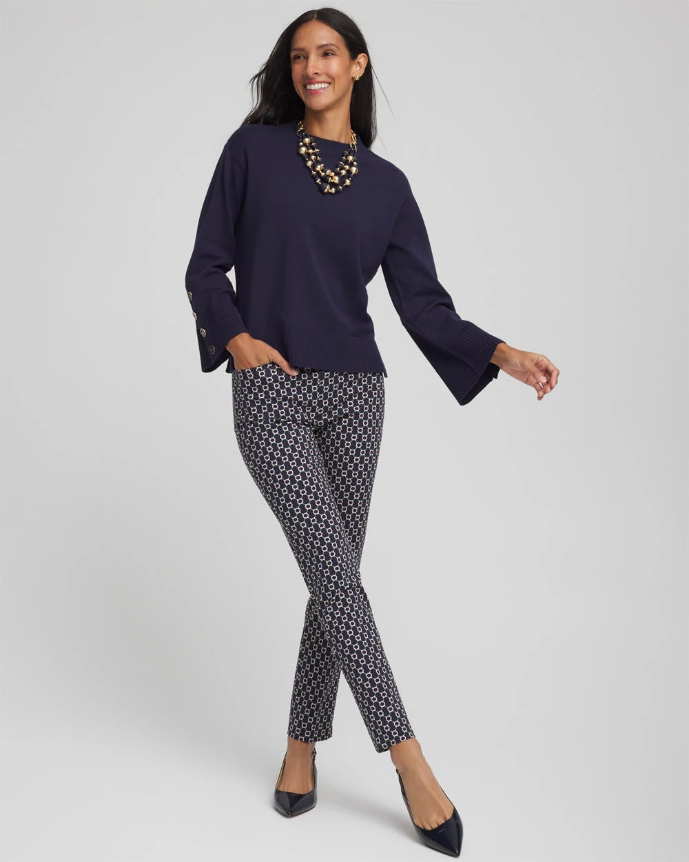 Chico's Button Sleeve Crewneck Pullover Passport Blue