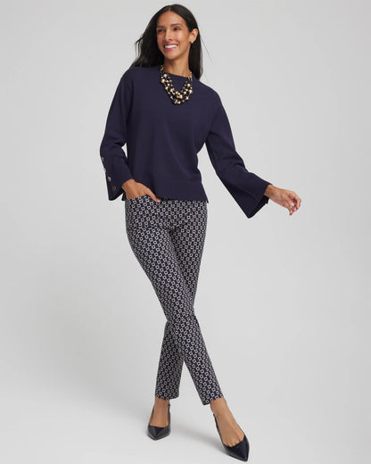 Chico's Button Sleeve Crewneck Pullover Passport Blue