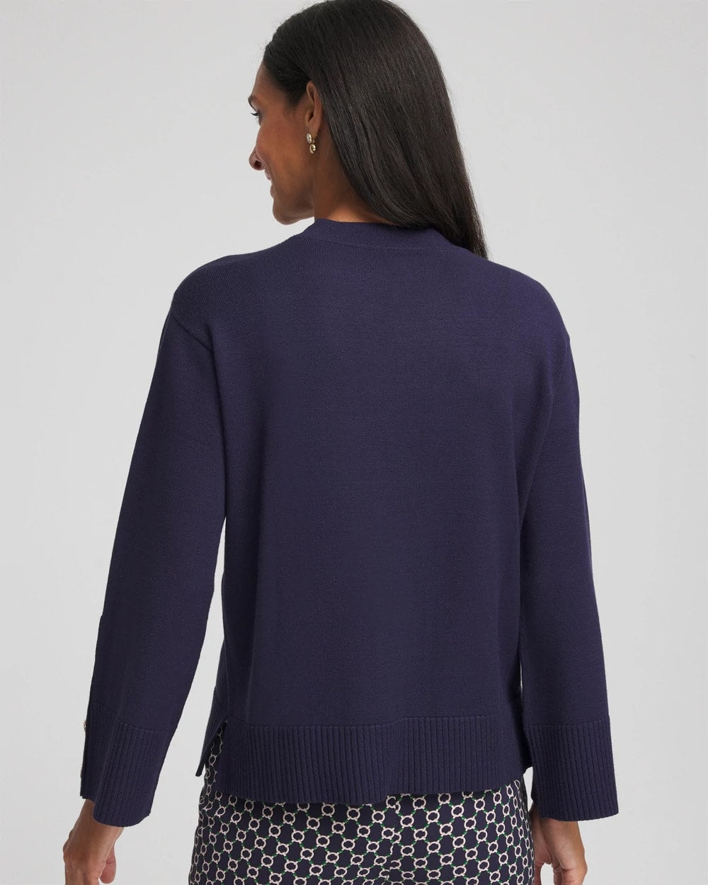 Chico's Button Sleeve Crewneck Pullover Passport Blue