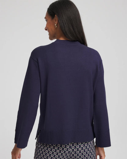 Chico's Button Sleeve Crewneck Pullover Passport Blue