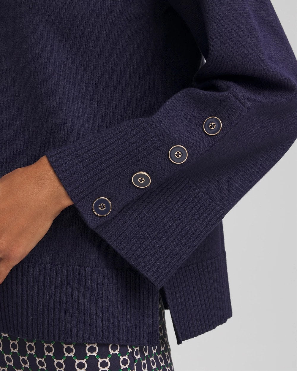 Chico's Button Sleeve Crewneck Pullover Passport Blue