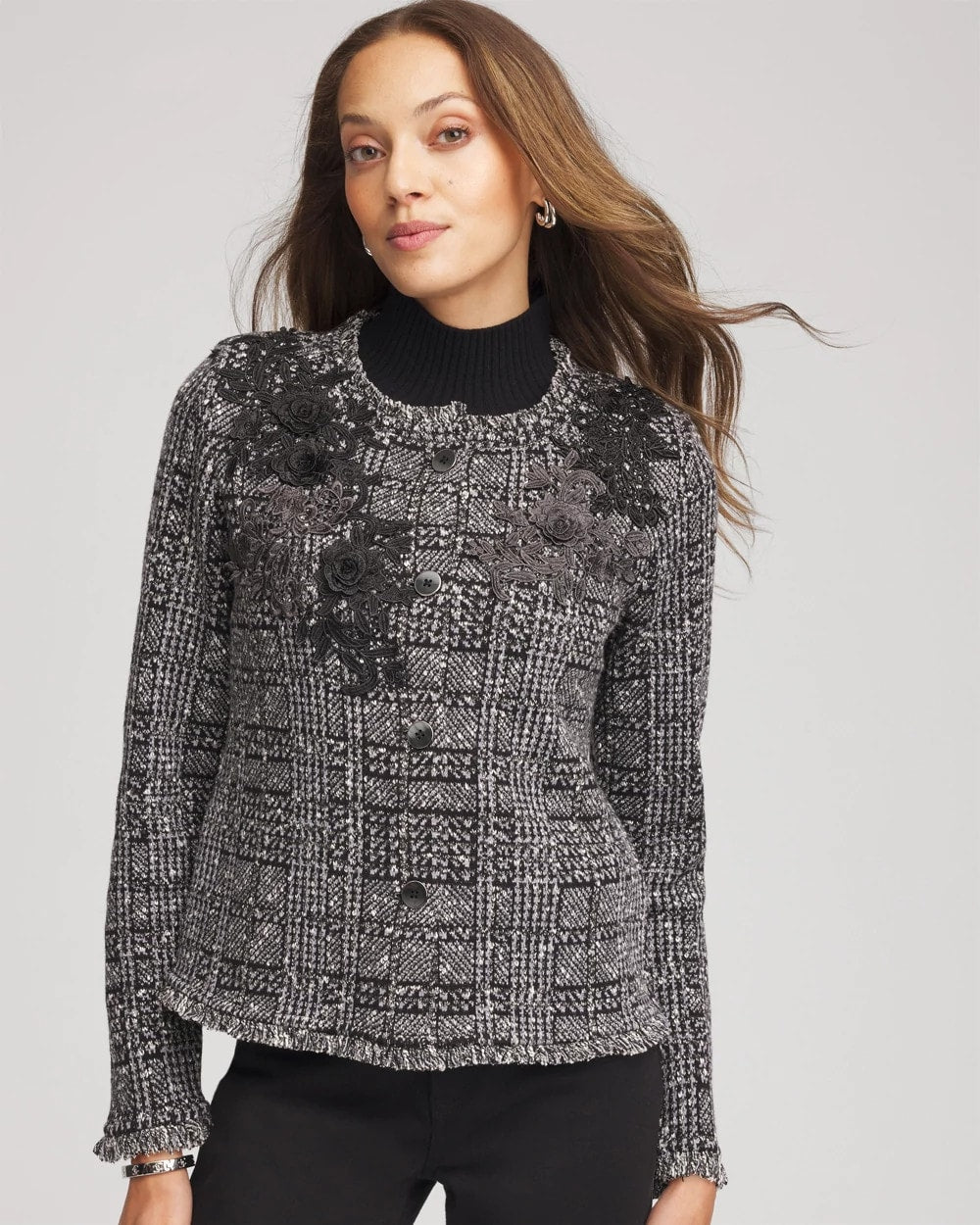 Chico's Embroidered Metallic Tweed Cardigan Gray