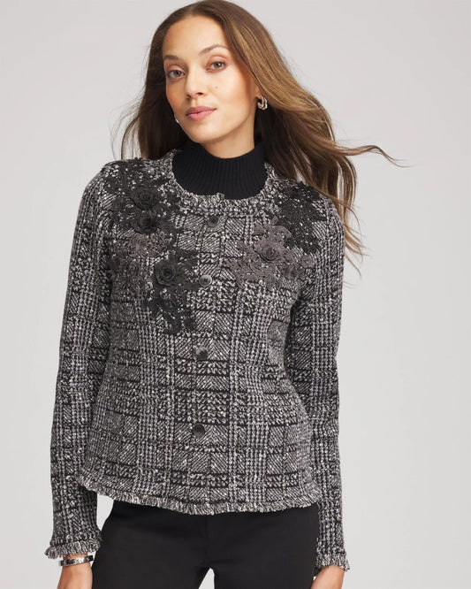 Chico's Embroidered Metallic Tweed Cardigan Gray