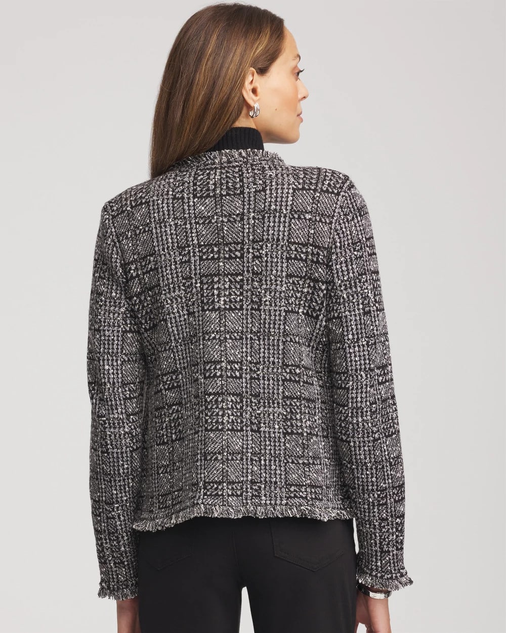 Chico's Embroidered Metallic Tweed Cardigan Gray