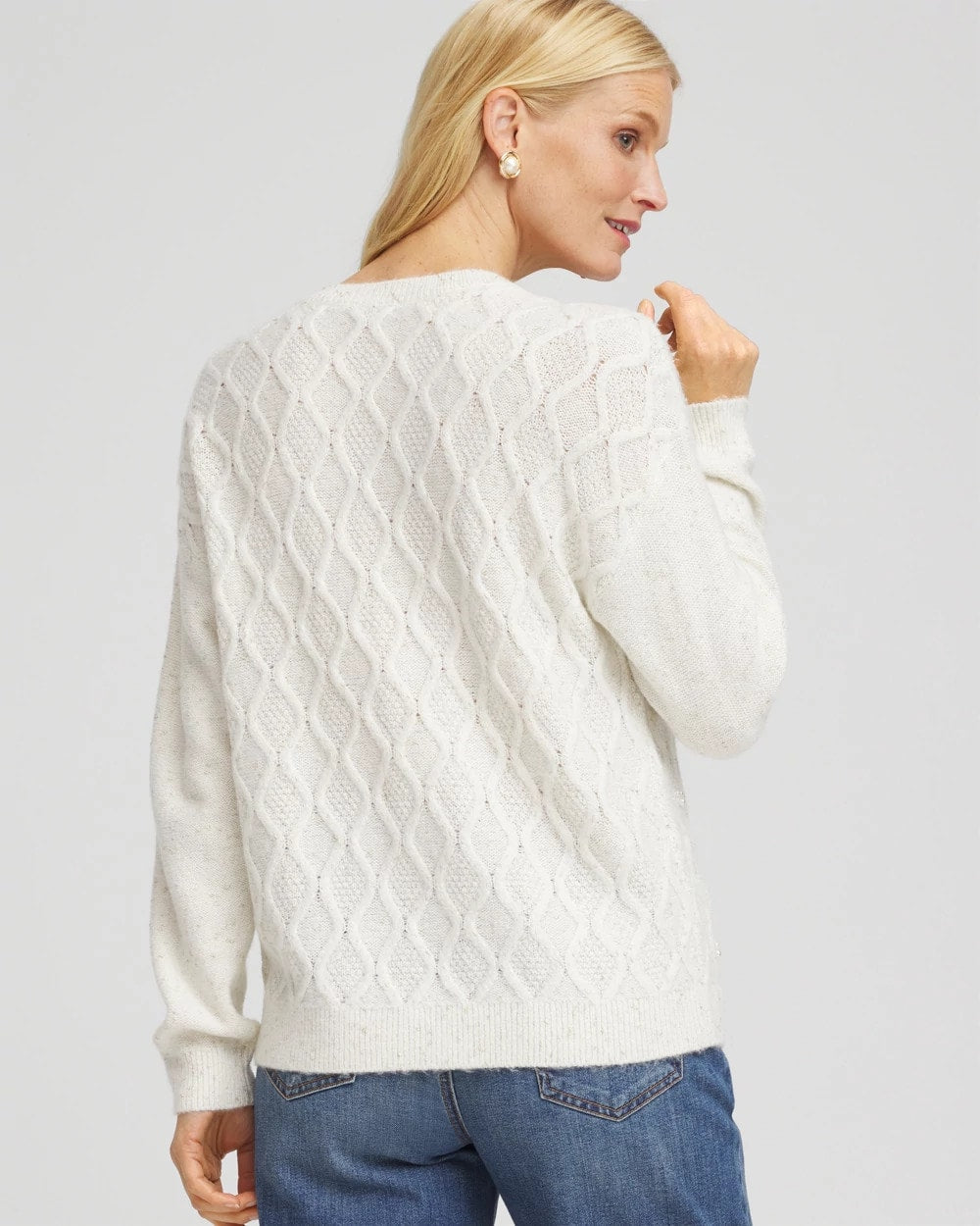 Chico's Embellished Cable Knit Sweater English Cream