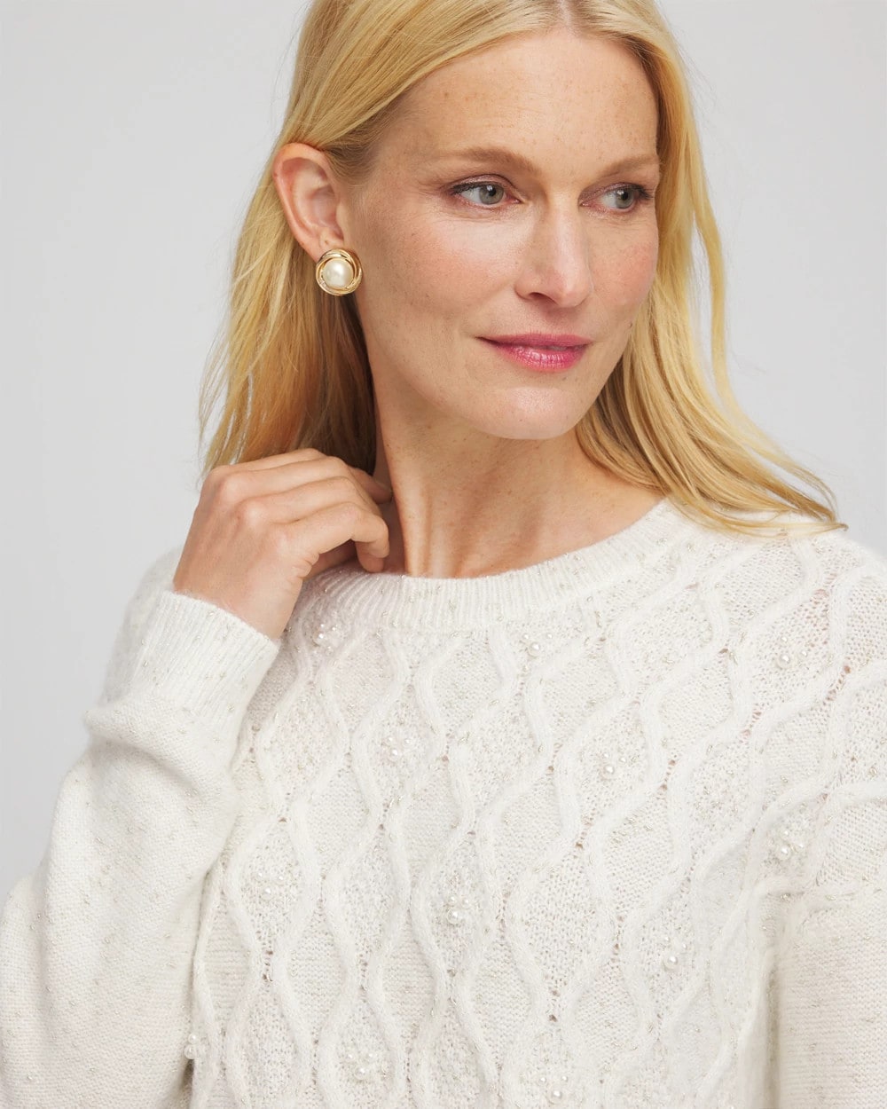Chico's Embellished Cable Knit Sweater English Cream