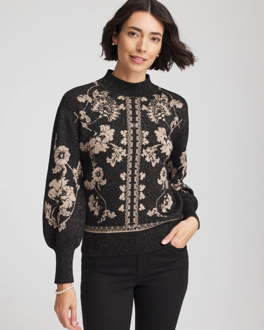 Chico's Bryne Jacquard Mockneck Pullover Black