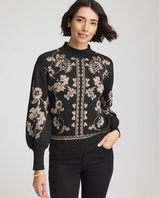 Chico's Bryne Jacquard Mockneck Pullover Black