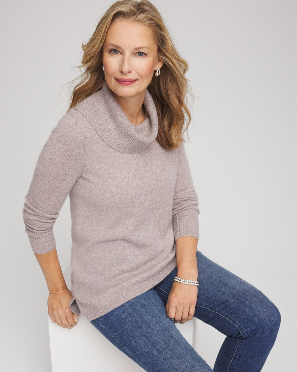 Chico's Cowlneck Cashmere Pullover Tunic Taupe Heather