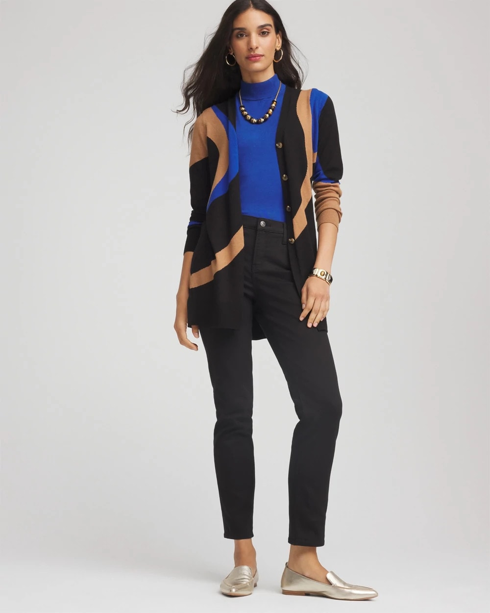 Chico's Ella Colorblock Cardigan Sweater Black
