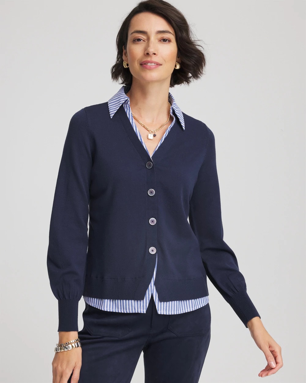 Chico's Striped Collared Cardigan Sweater Passport Blue