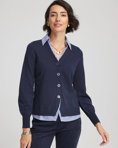 Chico's Striped Collared Cardigan Sweater Passport Blue