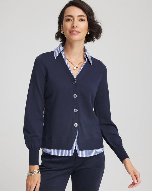 Chico's Striped Collared Cardigan Sweater Passport Blue
