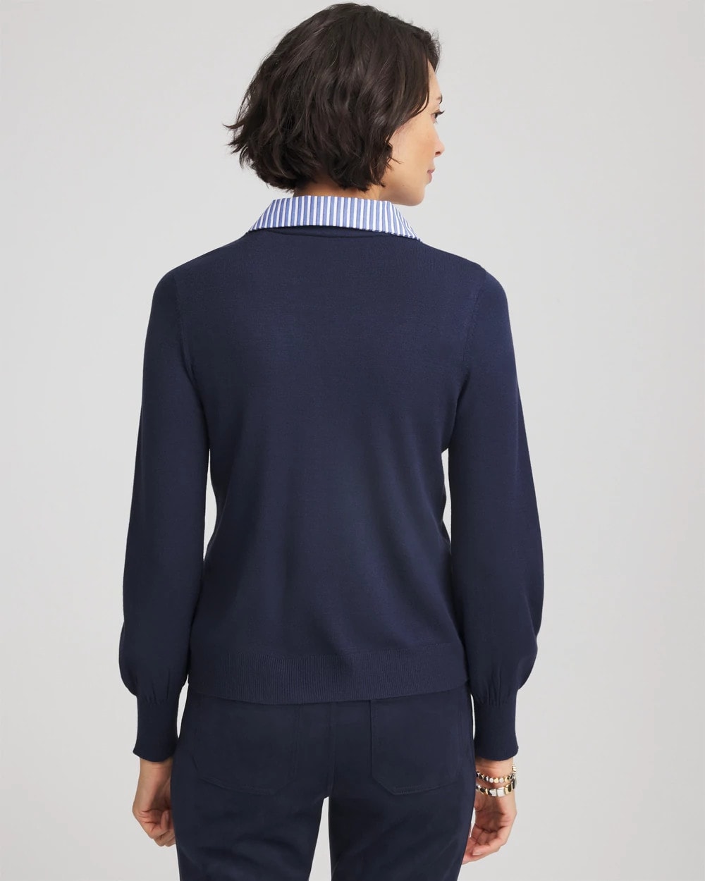 Chico's Striped Collared Cardigan Sweater Passport Blue