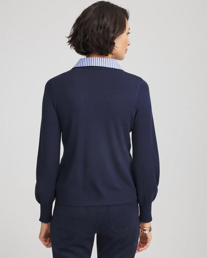 Chico's Striped Collared Cardigan Sweater Passport Blue