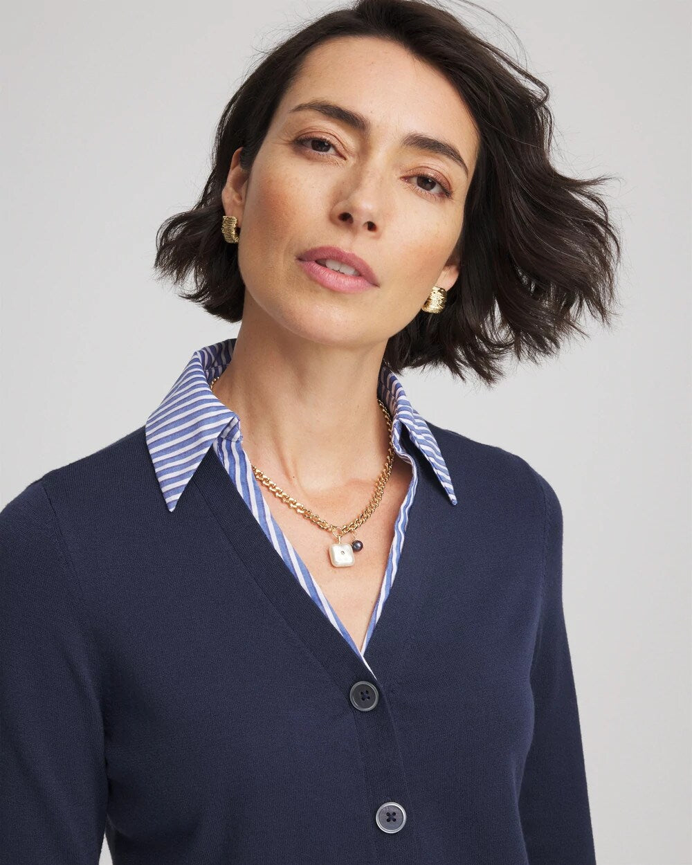 Chico's Striped Collared Cardigan Sweater Passport Blue