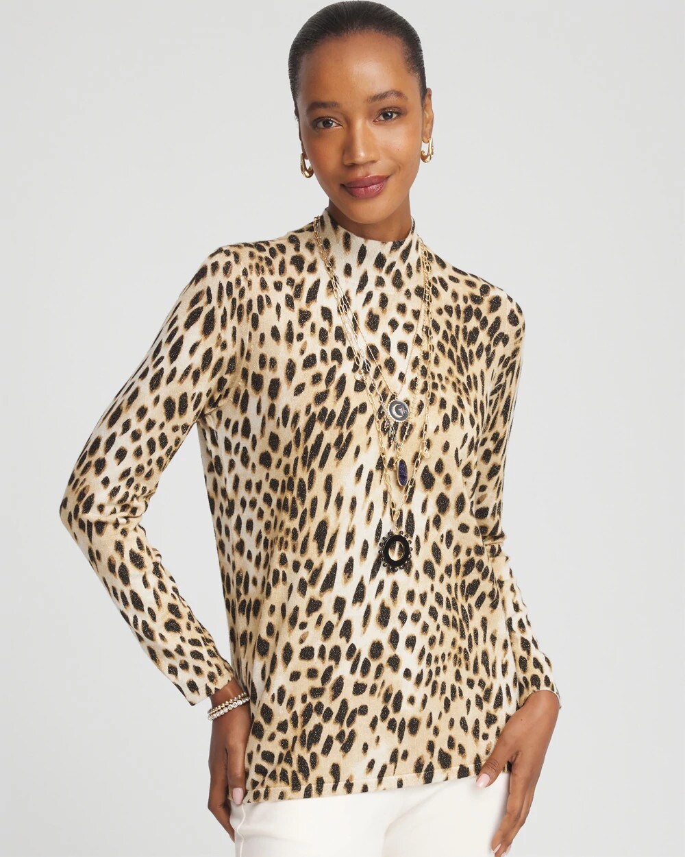 Chico's Ella Mockneck Animal-Print Pullover Sweater English Cream