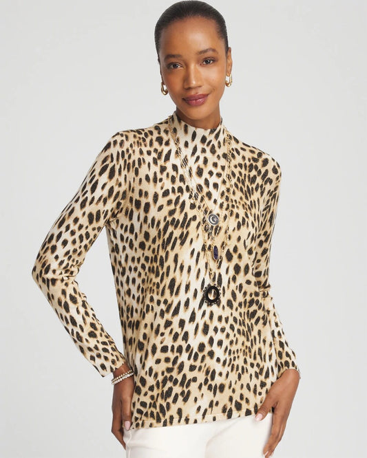 Chico's Ella Mockneck Animal-Print Pullover Sweater English Cream
