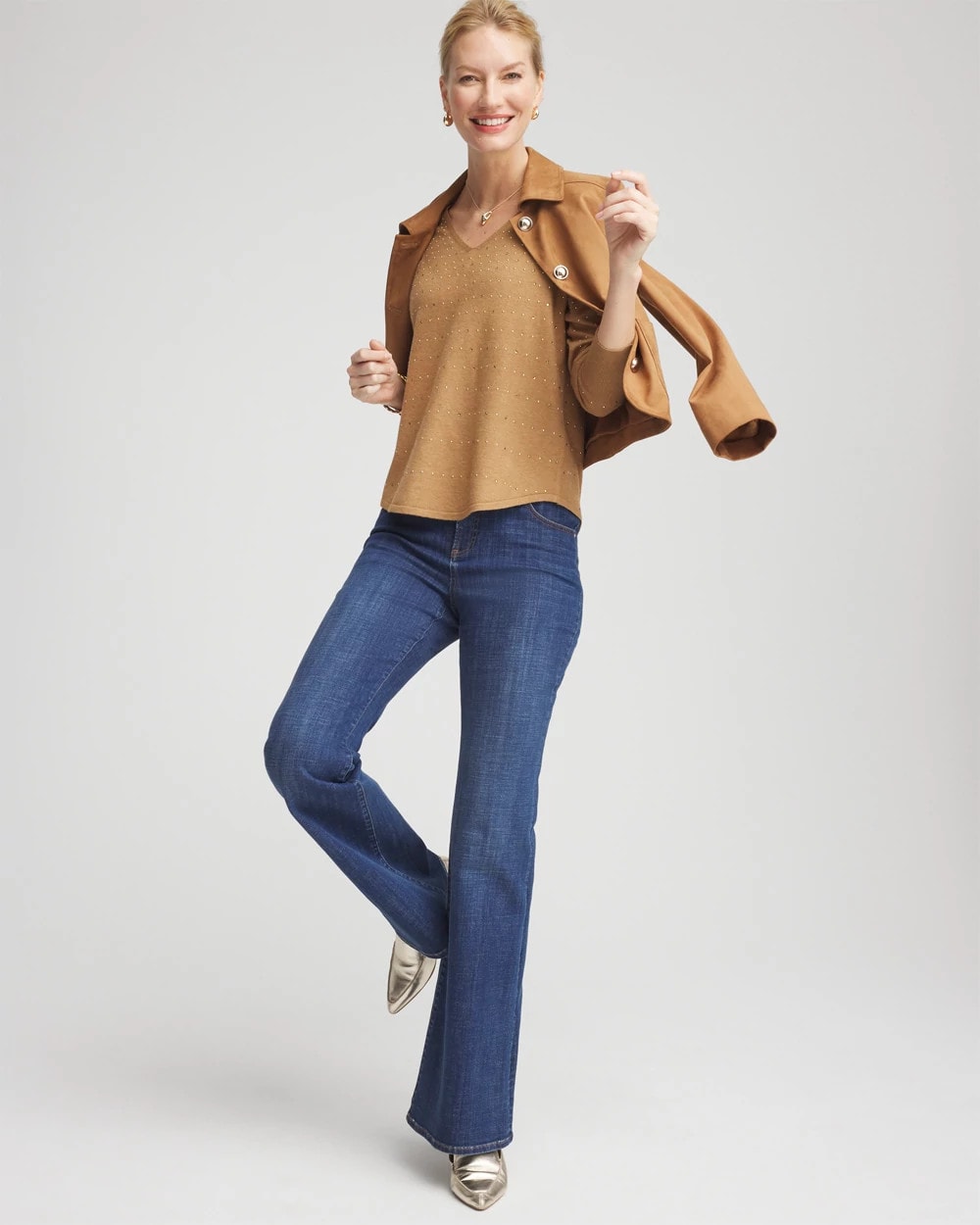 Chico's Ella V-Neck Embellished Pullover Sweater Faux Camel Heather