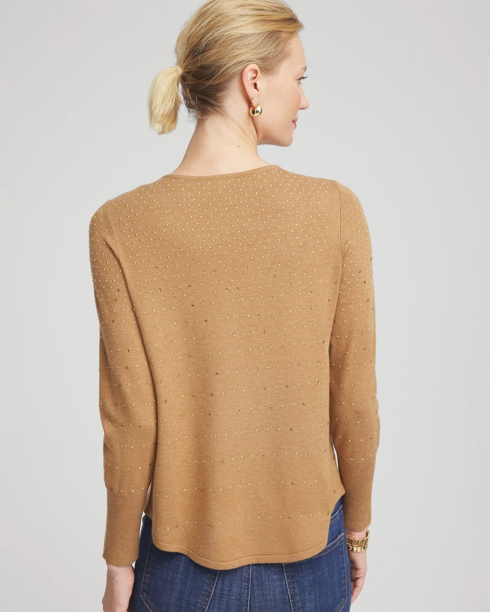 Chico's Ella V-Neck Embellished Pullover Sweater Faux Camel Heather