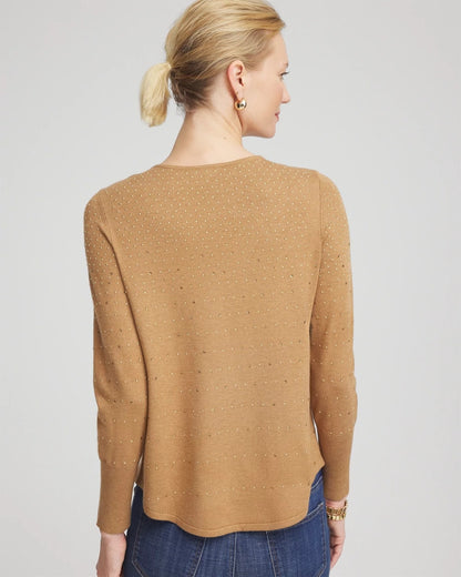 Chico's Ella V-Neck Embellished Pullover Sweater Faux Camel Heather