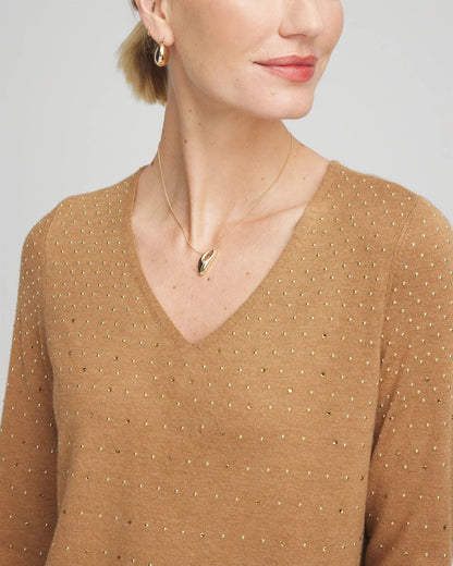 Chico's Ella V-Neck Embellished Pullover Sweater Faux Camel Heather