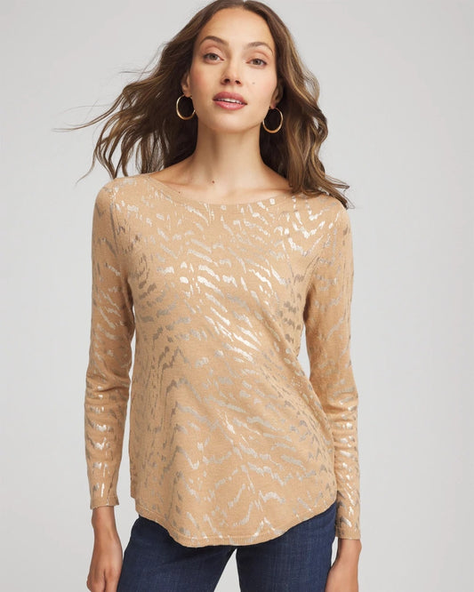 Chico's Ella Boatneck Foiled Pullover Sweater Faux Camel Heather