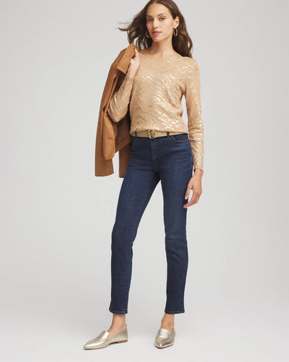 Chico's Ella Boatneck Foiled Pullover Sweater Faux Camel Heather
