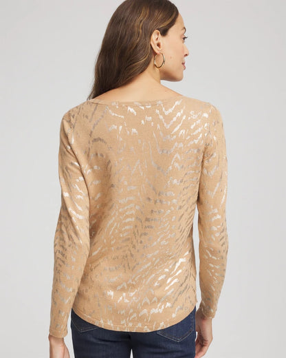Chico's Ella Boatneck Foiled Pullover Sweater Faux Camel Heather