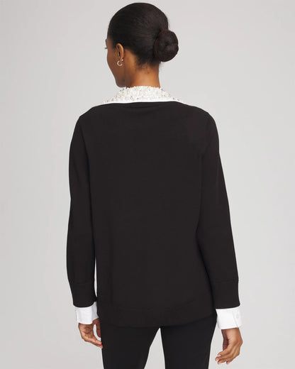 Chico's Embellished Layered Collar Shirt Sweater Black